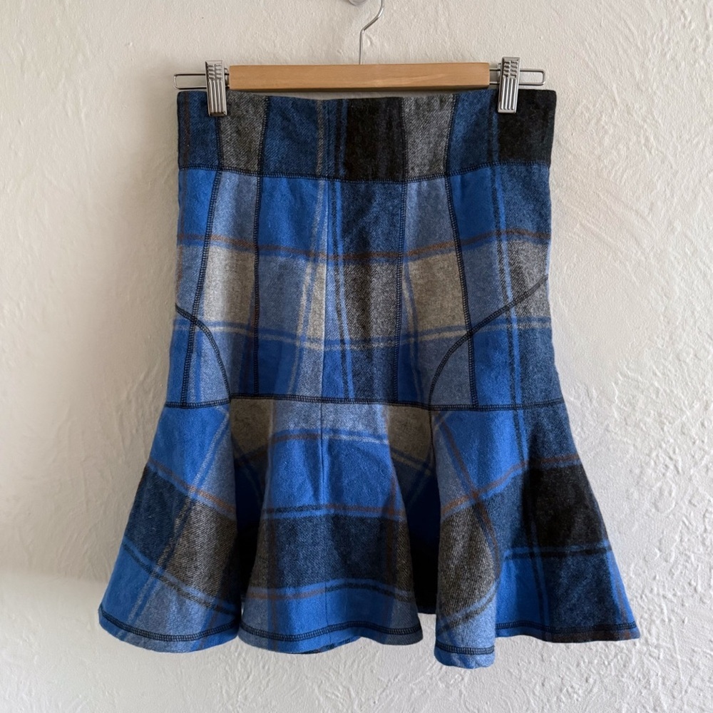 Blue Plaid Flared Wool-Blend Skirt